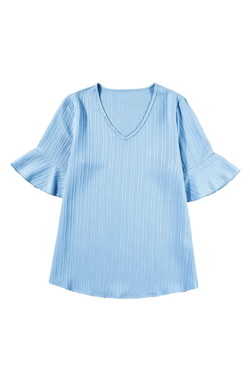 Beau Blue Ruffled Half Sleeve V Neck Textured Top - Love Salve